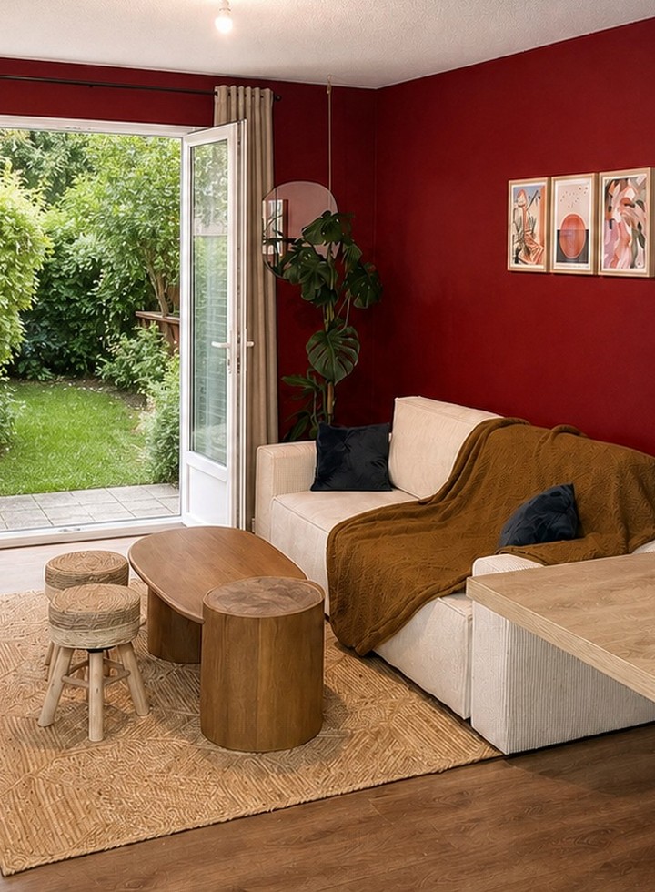 Salon chaleureux avec mur rouge, cadres, plante, miroir, canapé, tables en bois, tabourets et tapis tissé